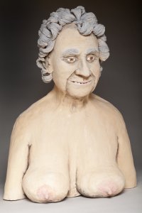 ceramics sculpture of granny with sagging breasts